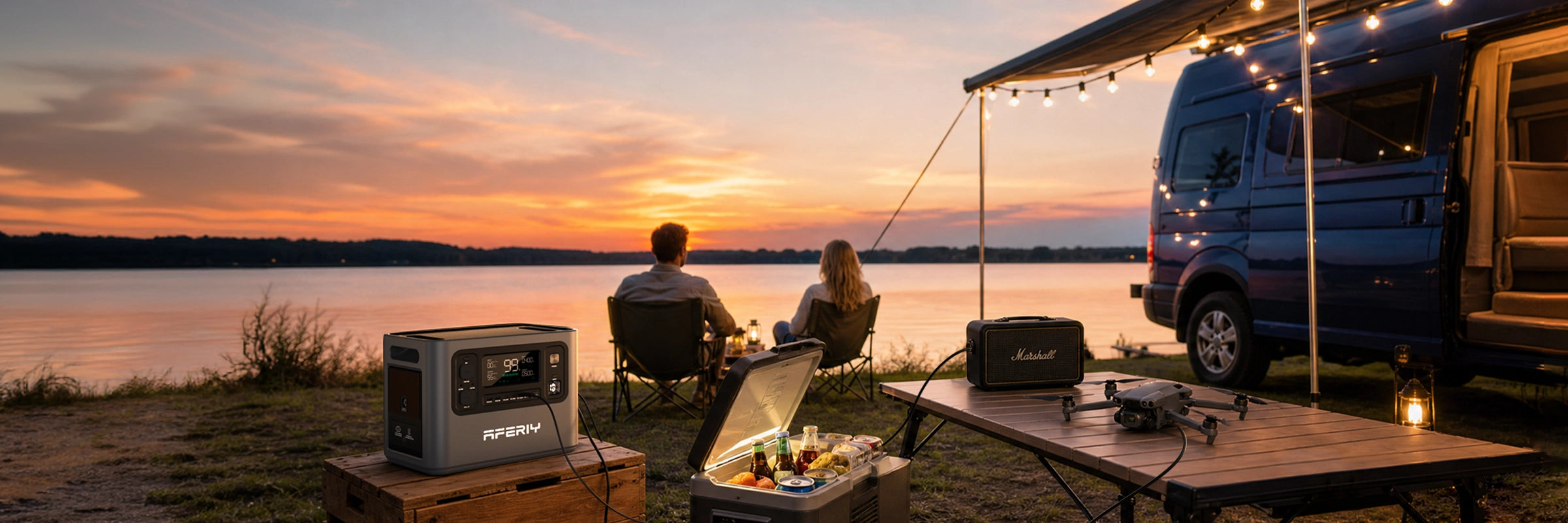 AFERIY portable power station supporting an outdoor lakeside adventure